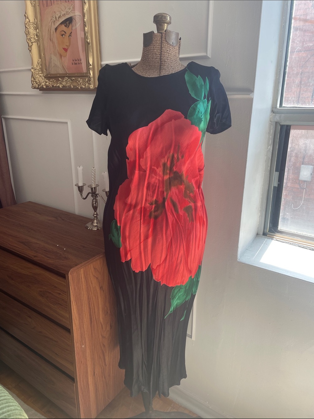 Black Dress with Large Red Floral Print bias cut